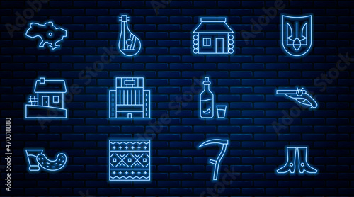 Set line Ukrainian footwear, Vintage pistols, house, Hotel Ukraina building, Map of Ukraine, Vodka with pepper and glass and Bandura icon. Vector