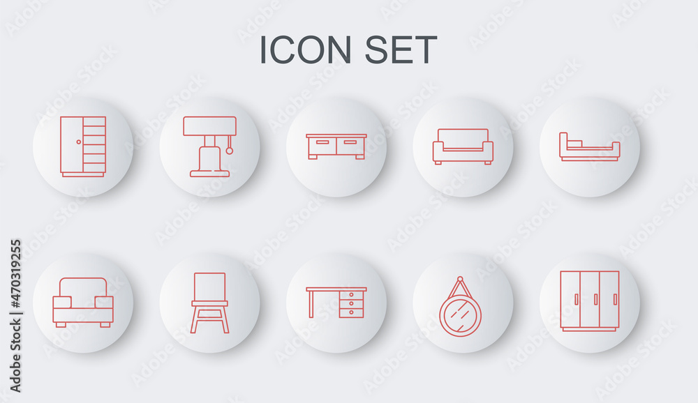 Set line Wardrobe, Armchair, Chest of drawers, Mirror, Table lamp, Chair and Office desk icon. Vector Set line Wardrobe, Armchair, Chest of drawers, Mirror, Table lamp, Chair and Office desk icon. Vector