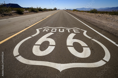 THe famous Route 66 emblem painted on Route 66 in the California Desert