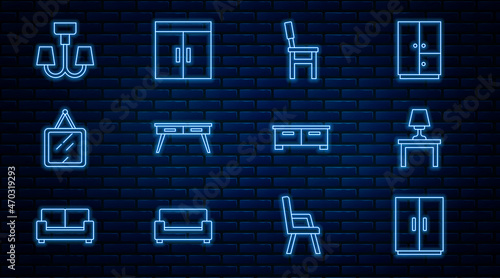 Set line Wardrobe, Table lamp on table, Chair, Office desk, Mirror, Chandelier, Chest of drawers and icon. Vector
