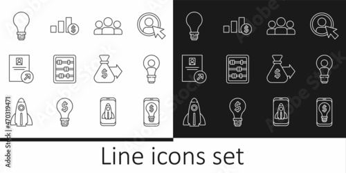 Set line Light bulb with dollar on mobile, Head lamp, Users group, Abacus, Job promotion, concept of idea, Money bag and Pie chart and icon. Vector