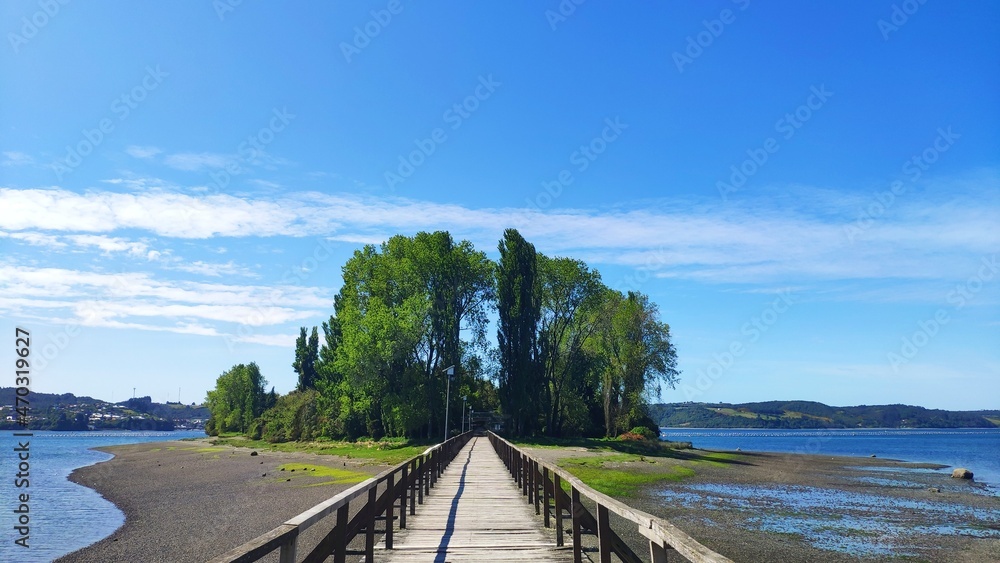 Bridge to Aucar Island (Isla de las Almas Navegantes) on the Chiloé archipelago, Chile.