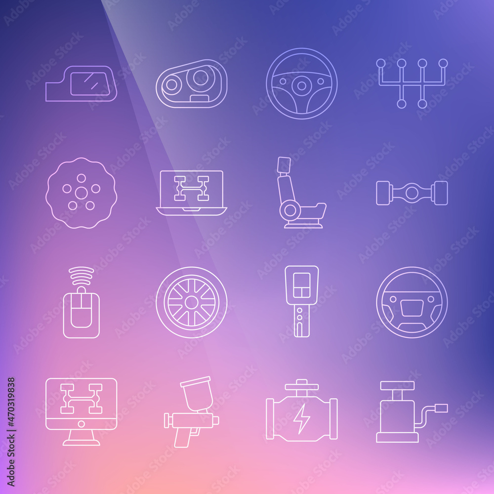 Set line Car air pump, Steering wheel, Chassis car, Diagnostics condition of, Gear, mirror and seat icon. Vector Set line Car air pump, Steering wheel, Chassis car, Diagnostics condition of, Gear, mirror and seat icon. Vector