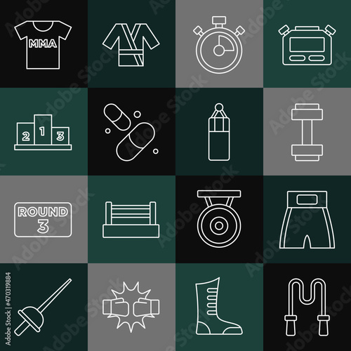 Set line Jump rope, Boxing short, Dumbbell, Stopwatch, Vitamin pill, Award over sports winner podium, T-shirt with fight club MMA and Punching bag icon. Vector