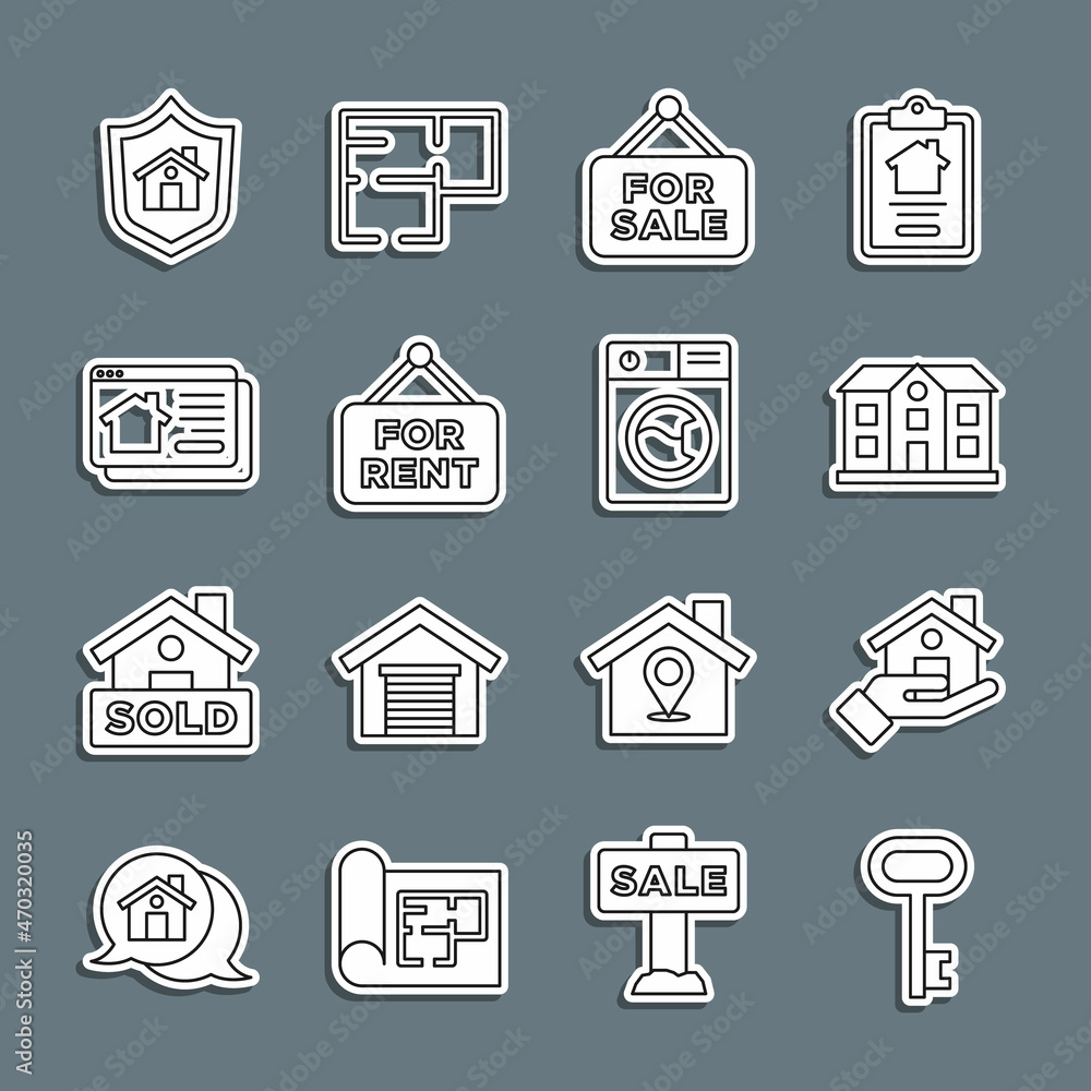 Set line House key, Realtor, Hanging sign with For Sale, Rent, Online real estate house, shield and Washer icon. Vector Set line House key, Realtor, Hanging sign with For Sale, Rent, Online real estate house, shield and Washer icon. Vector