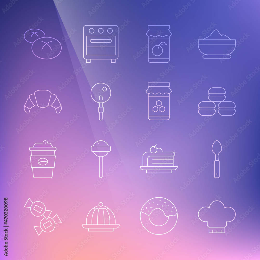 Set line Chef hat, Spoon, Macaron cookie, Jam jar, Lollipop, Croissant, Bread loaf and Jar of honey icon. Vector Set line Chef hat, Spoon, Macaron cookie, Jam jar, Lollipop, Croissant, Bread loaf and Jar of honey icon. Vector