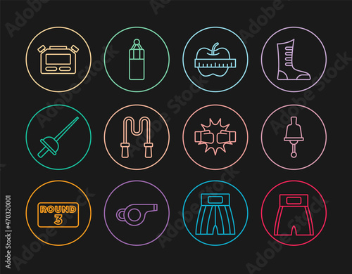 Set line Boxing short, Ringing bell, Apple and measuring tape, Jump rope, Fencing, Stopwatch, Punch boxing gloves and Punching bag icon. Vector