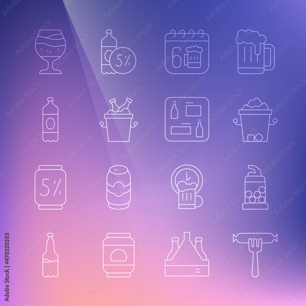 Set line Sausage on the fork, Bottle opener, Ice bucket, Saint Patricks day calendar, Beer bottles ice, Plastic beer, Glass of and menu icon. Vector Set line Sausage on the fork, Bottle opener, Ice bucket, Saint Patricks day calendar, Beer bottles ice, Plastic beer, Glass of and menu icon. Vector