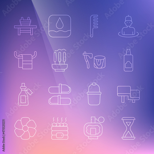 Set line Sauna hourglass, wood bench, Spray can for hairspray, Hairbrush, Incense sticks, Towel on hanger, with bucket and Wooden axe in stump icon. Vector