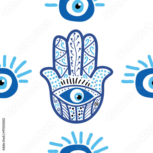 Evil eye seamless pattern. Magic, witchcraft, occult symbol, line art collection. Hamsa eye, magical eye, decor element