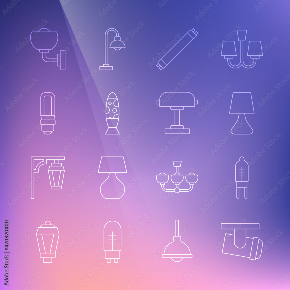 Set line Led track lights and lamps, Light emitting diode, Table, Fluorescent, Floor, LED bulb, Wall sconce and icon. Vector Set line Led track lights and lamps, Light emitting diode, Table, Fluorescent, Floor, LED bulb, Wall sconce and icon. Vector