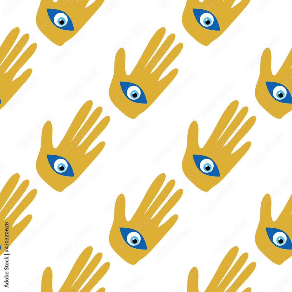 Fototapeta premium doodle seamless pattern Hamsa eye, magical eye, decor element. Pink, green, golden eyes. Fabric textile