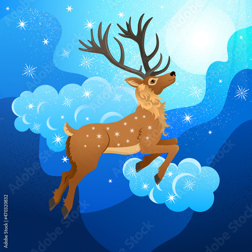 A fabulous deer jumps above the clouds against the background of the moonlit sky with stars. Cute northern animal in vector. Christmas doe. Cartoon character for children's book, postcards.