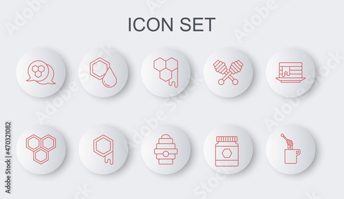 Set line Honey dipper stick with honey, Honeycomb, Jar of, and Hive for bees icon. Vector