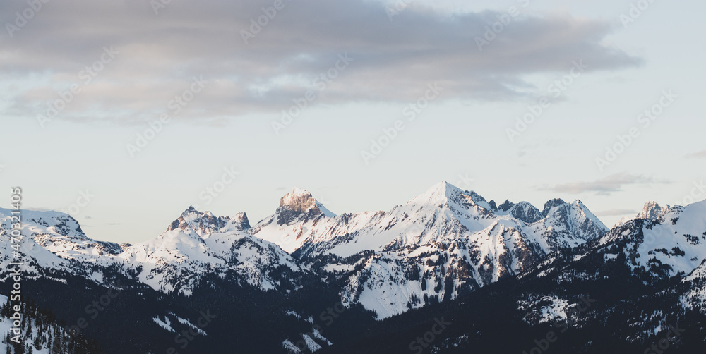 Wide photo of snowy mountain range at Mount Baker Snoqualmie National Forest, Washington