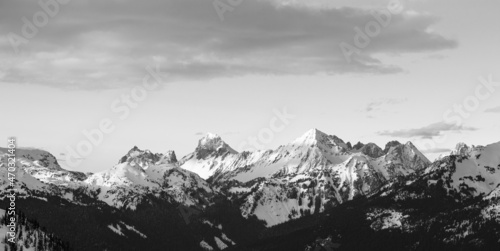 Wide black and white photo of snowy mountain range at Mount Baker Snoqualmie National Forest, Washington