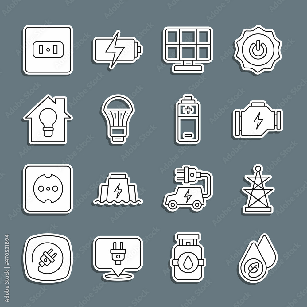 Set line Water energy, Electric tower, Check engine, Solar panel, LED light bulb, Smart house and, Electrical outlet and Battery icon. Vector Set line Water energy, Electric tower, Check engine, Solar panel, LED light bulb, Smart house and, Electrical outlet and Battery icon. Vector