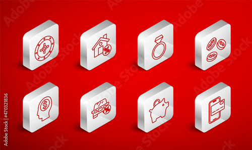 Set line Mobile banking, House with percant discount, Diamond engagement ring, Coin money dollar, Piggy, Safe, Car leasing percent and Business man planning mind icon. Vector
