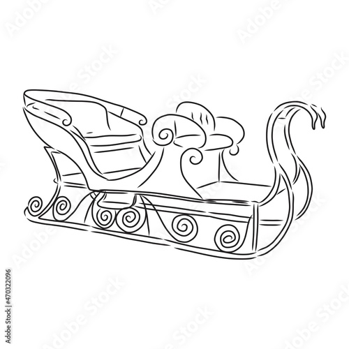 Doodles of old sleigh. Hand drawn vector illustration. Realistic vintage sketches. Set of black contour and color elements isolated on white. For winter design, decor, prints, cards, stickers, poster.