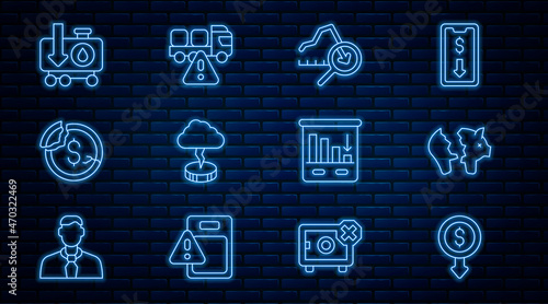 Set line Dollar rate decrease, Broken piggy bank, Global economic crisis, Storm, Drop in crude oil price, Pie chart infographic and Stop delivery cargo truck icon. Vector
