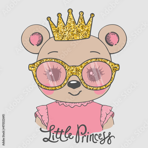 Cute little bear girl face with crown, glittering sunglasses. Cartoon illustration for t-shirt graphics, fashion prints, posters and other uses