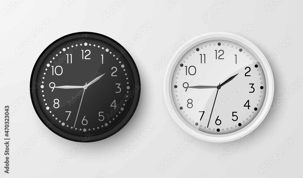 Wall clocks. Office black and white analog clock face. Vector circle watches Wall clocks. Office black and white analog clock face. Vector circle watches