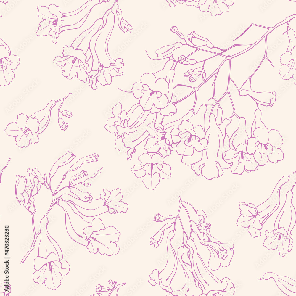 Blooming branch Jacaranda vector seamless pattern, linear flowers pink  on beige. Hand drawn elements. Elegant floral background for design packaging , textile, wallpaper, fabric