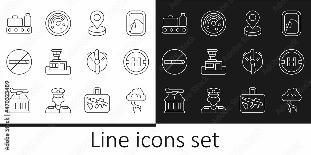 Set line Storm, Helicopter landing pad, Location, Airport control tower, No Smoking, Conveyor belt with suitcase, Plane propeller and Radar targets monitor icon. Vector
