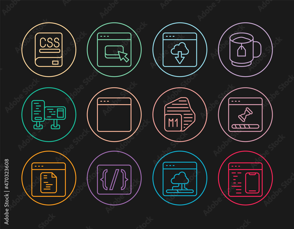 Set line Software, Loading data window, Cloud technology transfer, Browser, Computer monitor screen, Books about programming, Processor and files icon. Vector Set line Software, Loading data window, Cloud technology transfer, Browser, Computer monitor screen, Books about programming, Processor and files icon. Vector