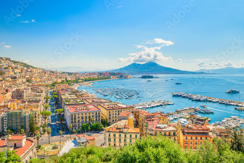 Naples, Italy. August 31, 2021. View of the Gulf of Naples from the Posillipo hill with Mount Vesuvius far in the background. photo