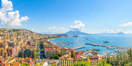 Naples, Italy. August 31, 2021. View of the Gulf of Naples from the Posillipo hill with Mount Vesuvius far in the background.