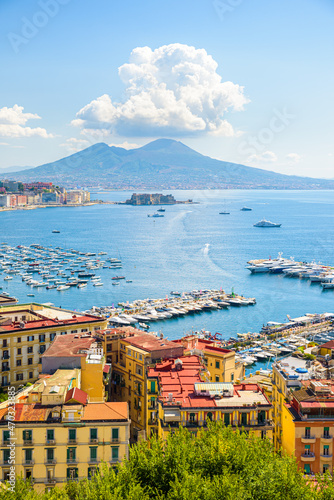 Naples, Italy. August 31, 2021. View of the Gulf of Naples from the Posillipo hill with Mount Vesuvius far in the background. photo