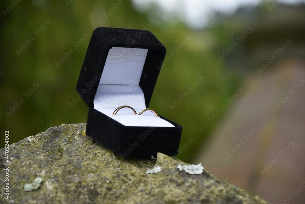 Anillos de boda en caja negra con ambiente natural y encima de una piedra Anillos de boda en caja negra con ambiente natural y encima de una piedra