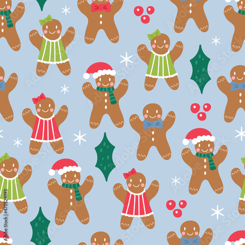 Seamless pattern for Christmas holiday with cute gingerbread man cookies. Childish background for fabric, wrapping paper, textile, wallpaper and apparel. Vector illustration