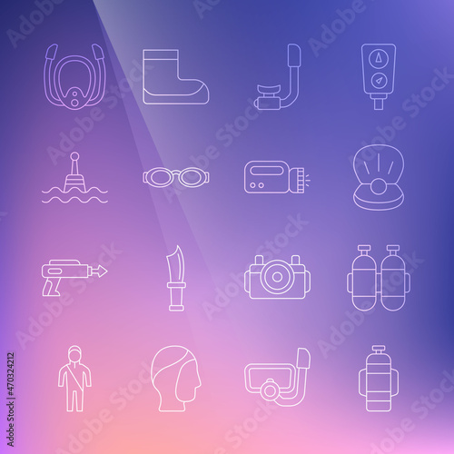 Set line Aqualung, Pearl, Snorkel, Glasses for swimming, Floating buoy, Diving mask with snorkel and Flashlight diver icon. Vector