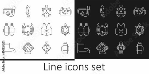Set line Aqualung, Turtle, Stopwatch, Diving mask with snorkel, Life jacket and knife icon. Vector