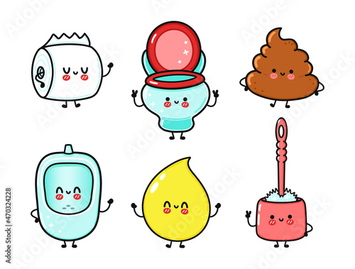 Cute, funny happy toilet paper, toilet, turd, urinal, drop of urine, and toilet brush (set). Vector hand drawn cartoon kawaii characters, illustration icon. Funny cartoon toilet paper, toilet, turd, u