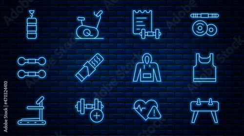 Set line Pommel horse, Sleeveless t-shirt, Sport training program, Protein sport bar, Dumbbell, Punching bag, Hoodie and Stationary bicycle icon. Vector