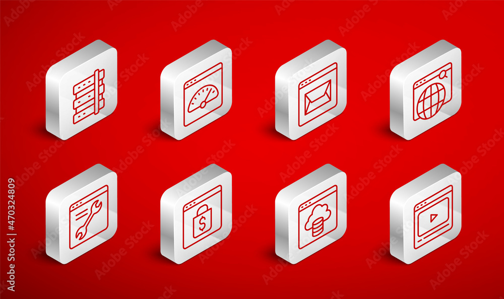 Set line Online play video, Digital speed meter, Website and mail, Search engine, Cloud technology data transfer, Server, shopping on screen and Browser setting icon. Vector Set line Online play video, Digital speed meter, Website and mail, Search engine, Cloud technology data transfer, Server, shopping on screen and Browser setting icon. Vector