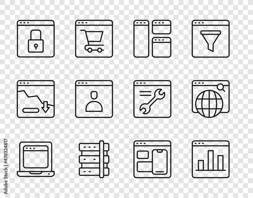 Set line Laptop with browser window, Graph chart infographic, Browser, Server, Secure your site HTTPS, SSL, Create account screen, Web developer programming code and Search engine icon. Vector Set line Laptop with browser window, Graph chart infographic, Browser, Server, Secure your site HTTPS, SSL, Create account screen, Web developer programming code and Search engine icon. Vector