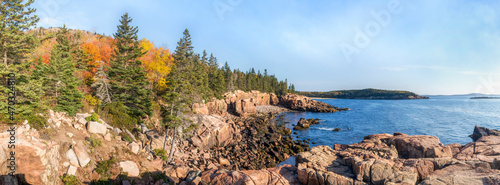 Colorful fall leaves decorate the rocky Atlantic coast of Acadia National Park on Mt. Desert Island in Down East Maine in the New England region of the United States.