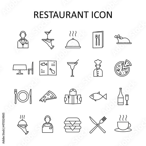 Vector illustration for restaurant - head waiter; chef; coctails; food; dishes; drinks; guest; waiter; menu. Outline icons.