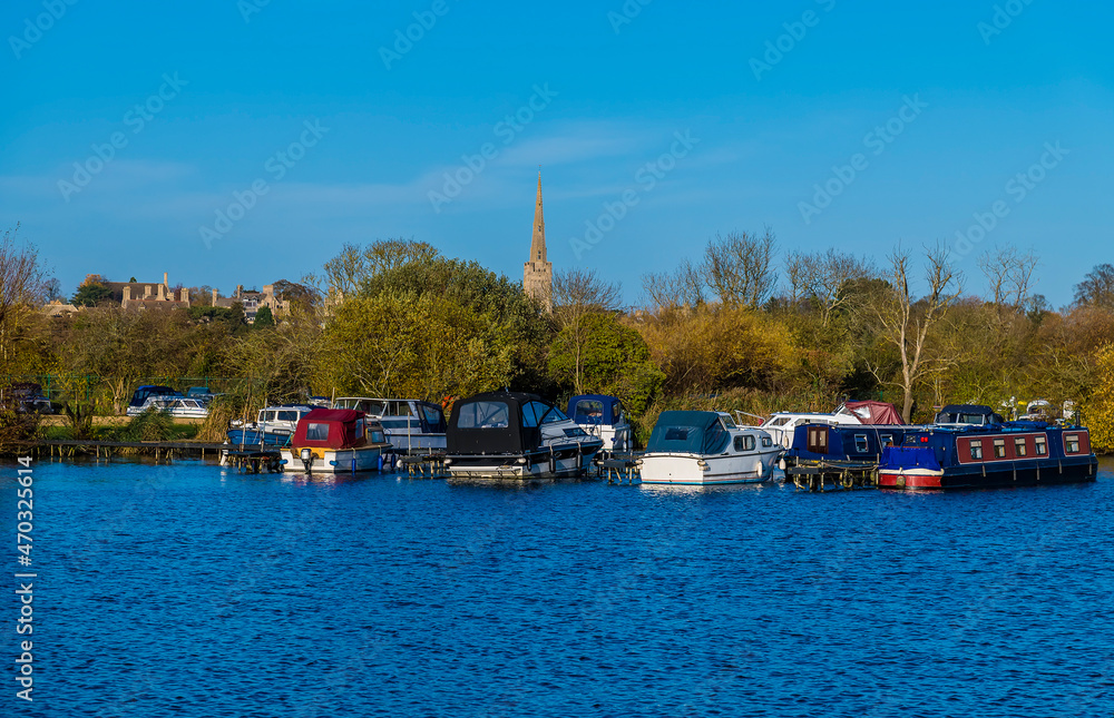 A view across Oundle Marina towards the town on a bright winters day
