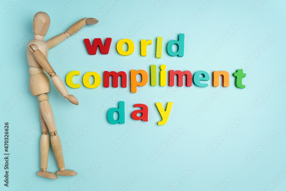 World compliment day, national compliment day 1 march. Blue background. Top view - obrazy, fototapety, plakaty 