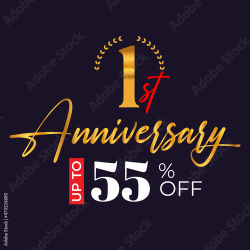 1st-anniversary golden wreath logo and up to 55% off the black background