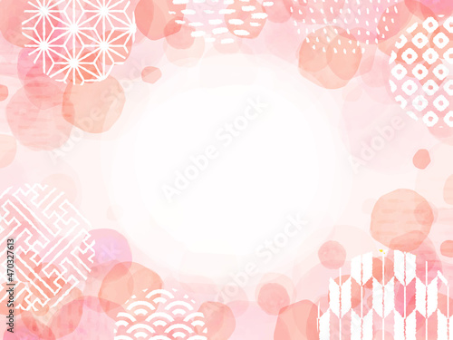 春 水彩 和柄 年賀状 フレーム 背景 water color ピンク