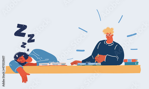 Vector illustration of woman slee and man study at desk