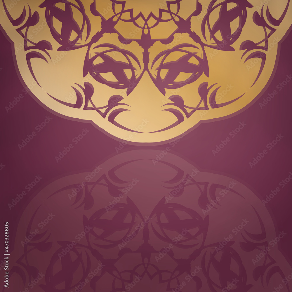 Leaflet template in burgundy color with abstract gold ornament prepared for printing.