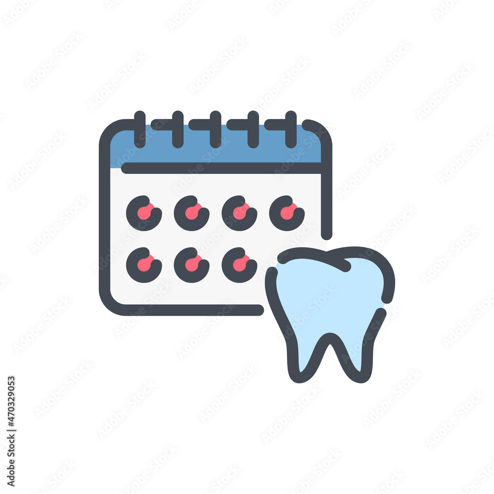 Dentist appointment date color line icon. Calendar and tooth vector outline colorful sign. Dentist appointment date color line icon. Calendar and tooth vector outline colorful sign.
