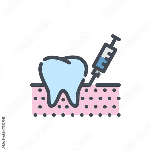 Dental anesthetic injection color line icon. Tooth, gum and syringe vector outline colorful sign.